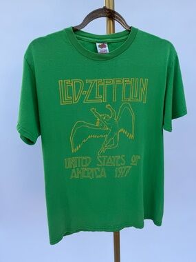Vintage 2003 Led Zeppelin USA 1977 Graphic Band T-Shirt Green M Y2K Retro